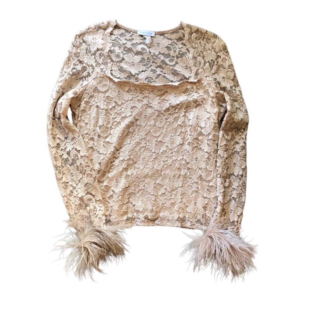 Unique Vintage Lace Top with Feather Cuffs